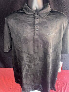 Spyder ProWeb Mens Large Polo Shirt Black Camo Moisture Wicking Golf Shirt NWT